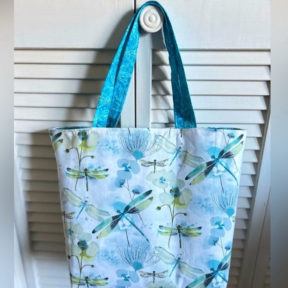 Handmade Dragonfly Print Tote Bag Colorful All Purpose Market Shoulder Purse - Picture 8 of 8